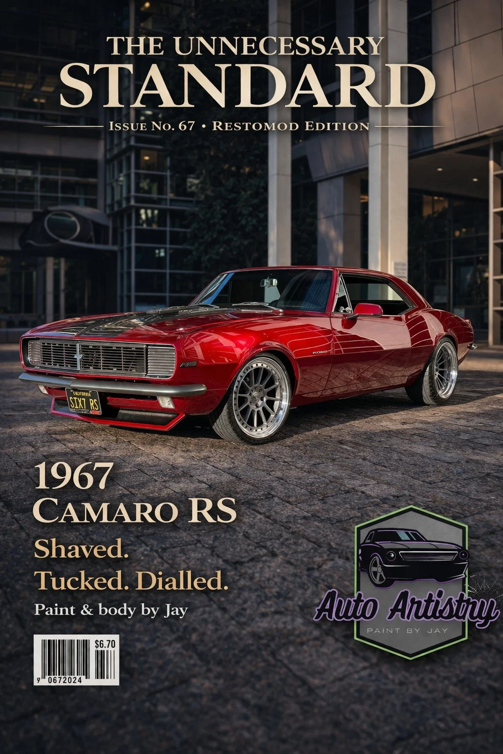 Paint by Jay and Auto Artistry premium social graphic designed like a magazine cover, featuring a red 1967 Camaro RS and highlighting custom paint, bodywork, and brand presentation.