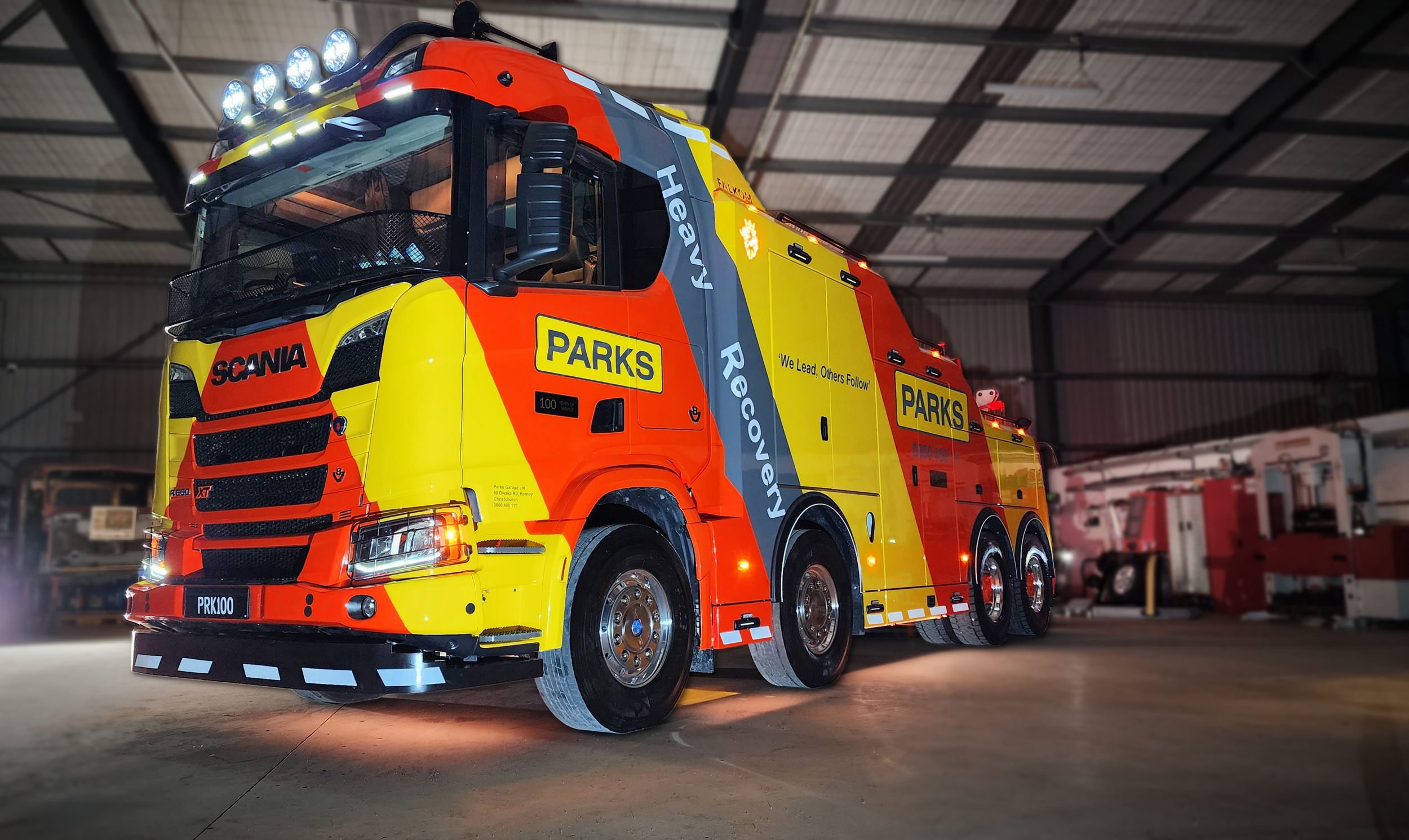 Parks heavy recovery truck photographed inside the workshop, used by FrameTheory Visuals for video production and social content promoting Parks Automotive Centre and heavy recovery services.