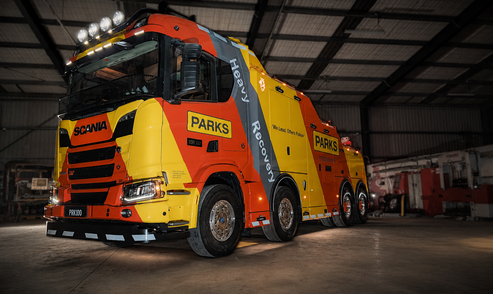 Parks heavy recovery truck photographed inside the workshop, used by FrameTheory Visuals for video production and social content promoting Parks Automotive Centre.
