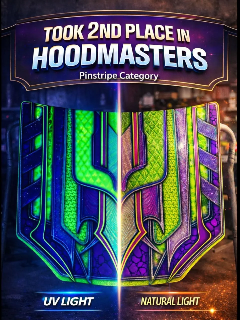 Paint by Jay and Auto Artistry Instagram post showing a custom neon pinstripe design in UV light and natural light, highlighting a 2nd place Hoodmasters pinstripe category result.