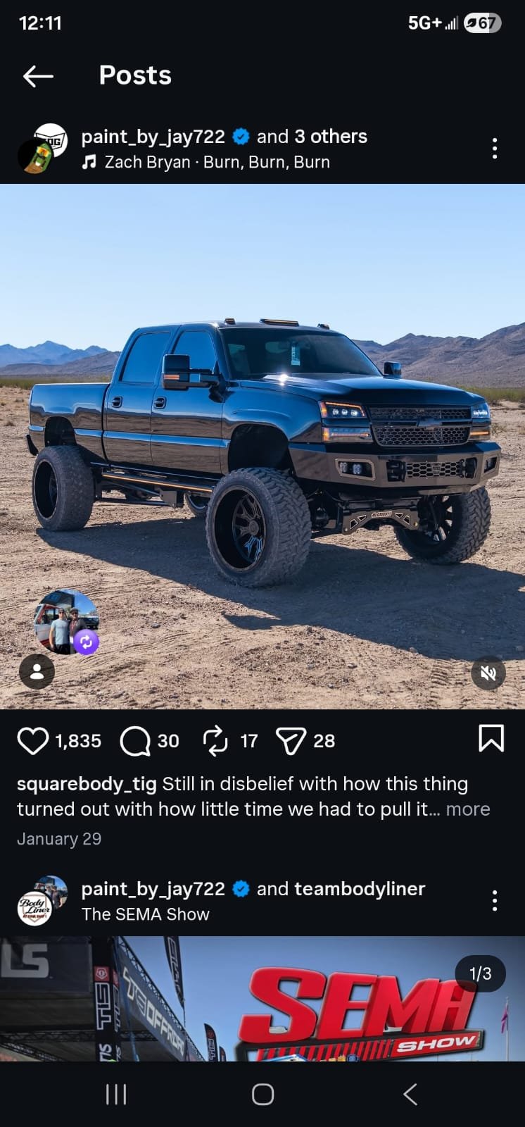 Paint by Jay and Auto Artistry Instagram post featuring a black lifted pickup truck on desert terrain, used as part of a collaboration-focused social media strategy.