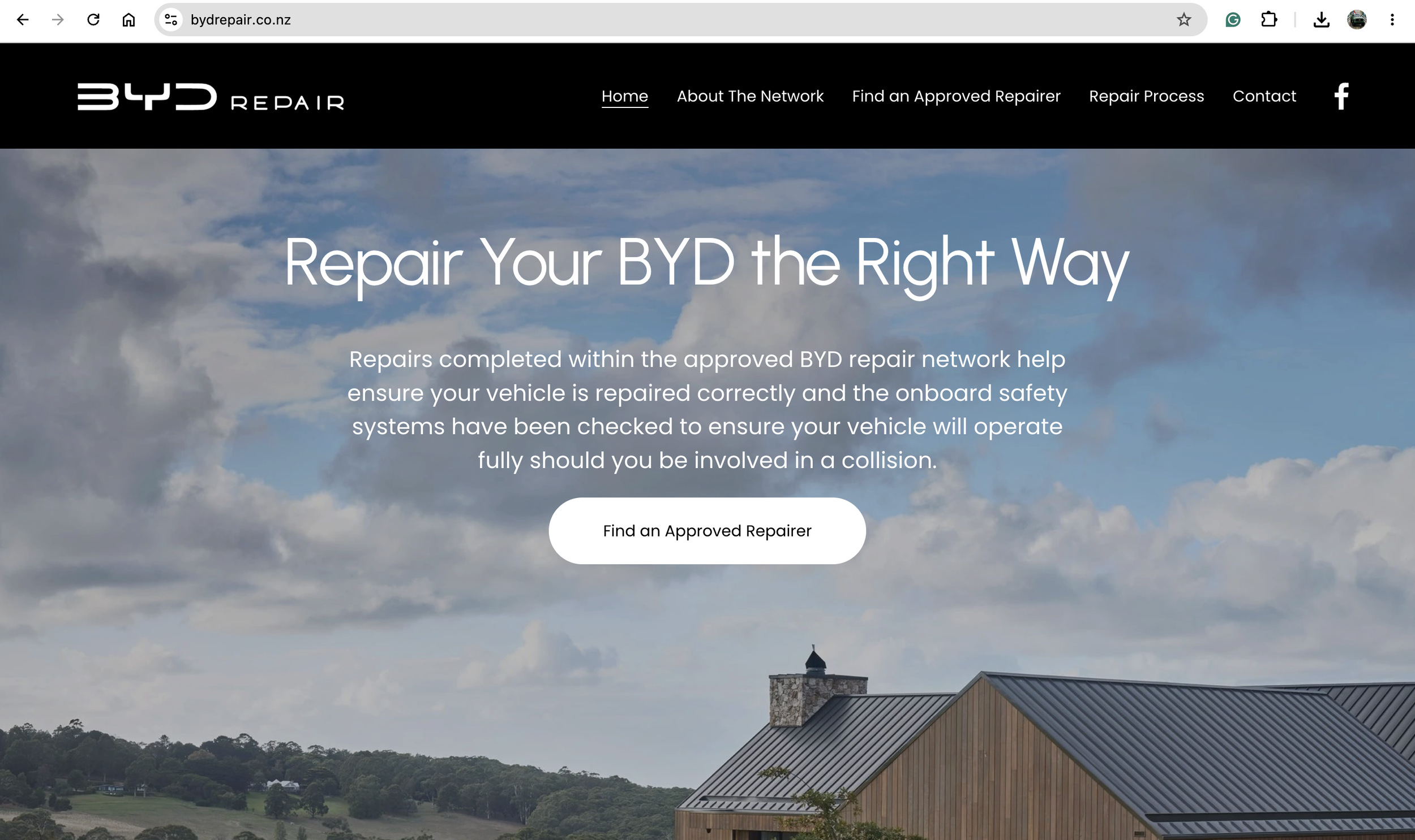BYD Repair Network website homepage designed by FrameTheory Visuals, showing the Repair Your BYD the Right Way hero section and approved repairer messaging.