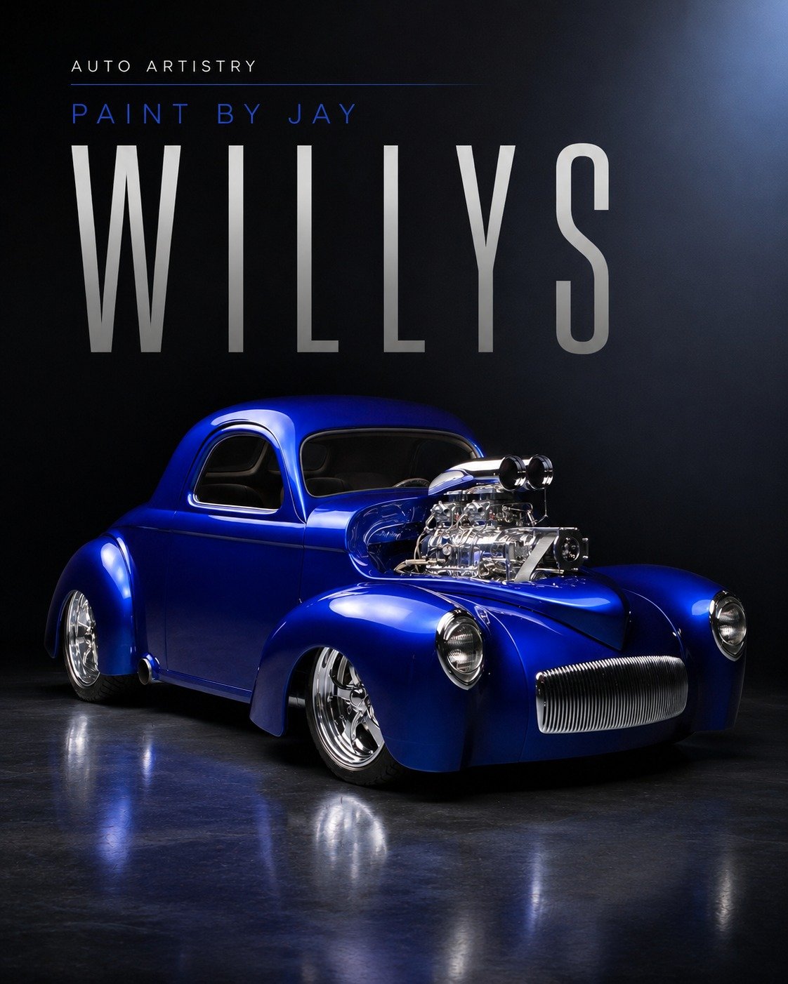 Paint by Jay and Auto Artistry social media graphic featuring a blue Willys custom car with exposed engine detail, created as part of premium automotive content and collaboration-based brand promotion.
