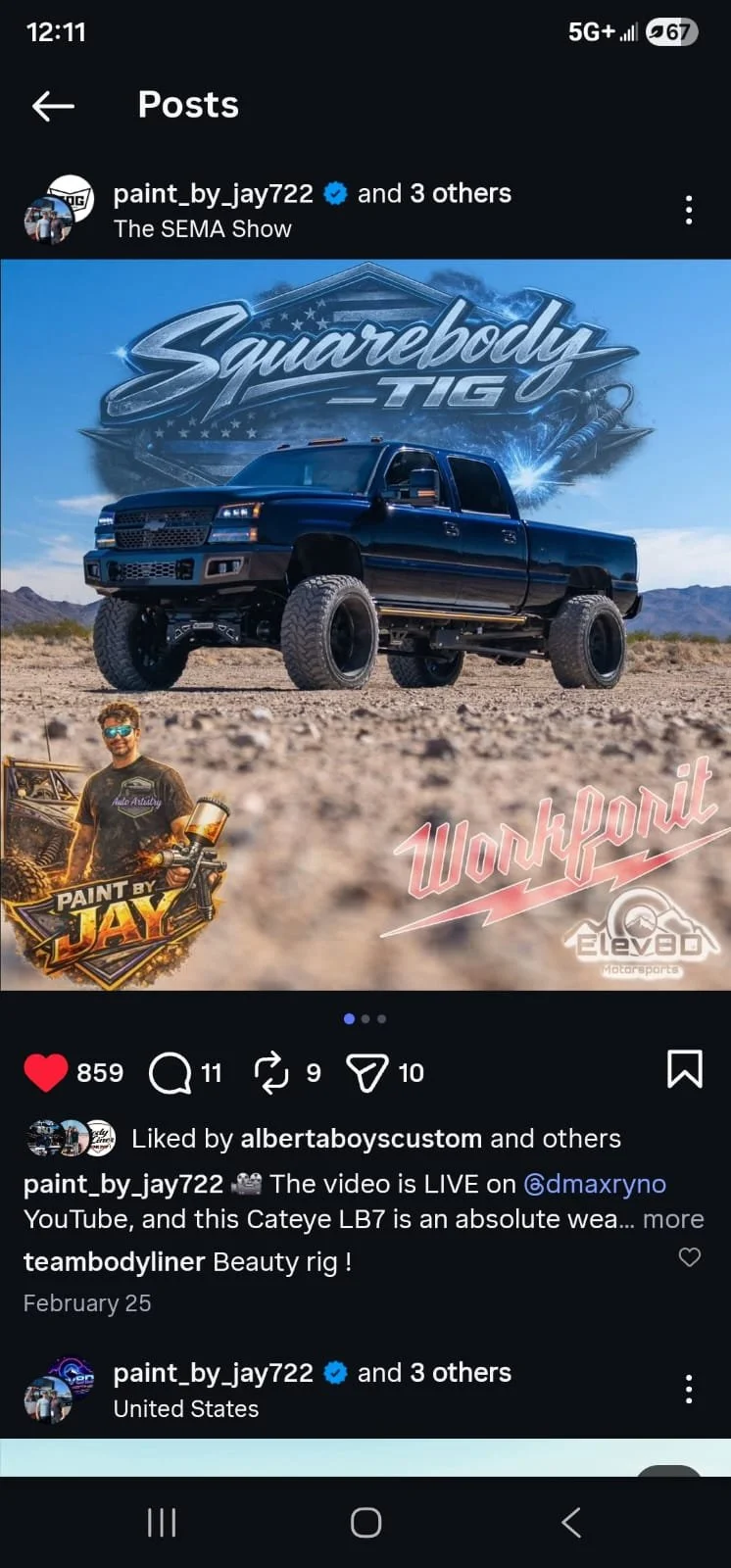 Paint by Jay and Auto Artistry Instagram collaboration post featuring a black lifted Squarebody TIG truck in a desert setting, created to increase reach through partner tagging and automotive content design.