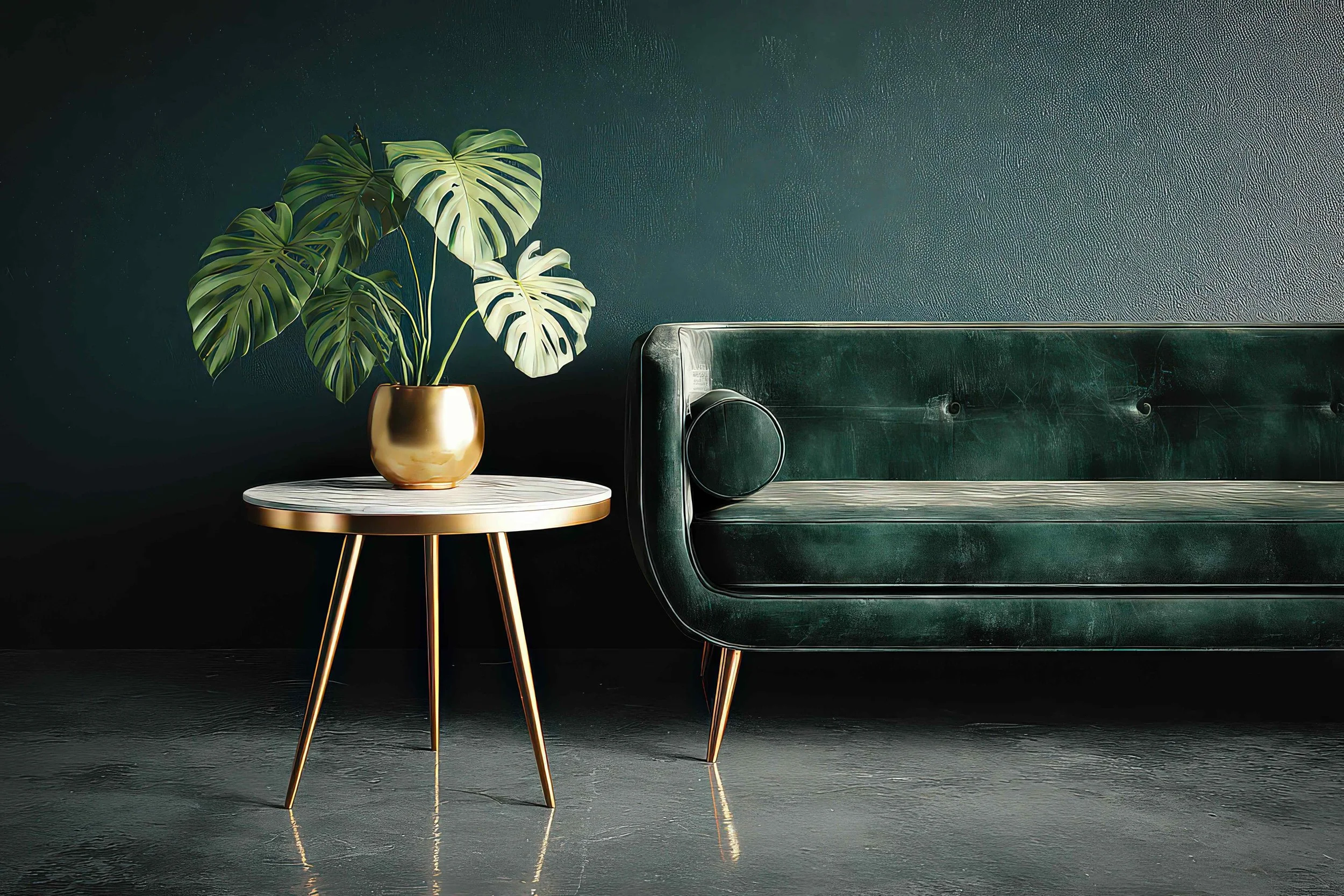 A dark green velvet sofa and small round table with a gold plant pot containing a monstera plant with large green leaves. This is a professional business setting for Jade Partners, a boutique advisory firm specializing in exit planning and growth.