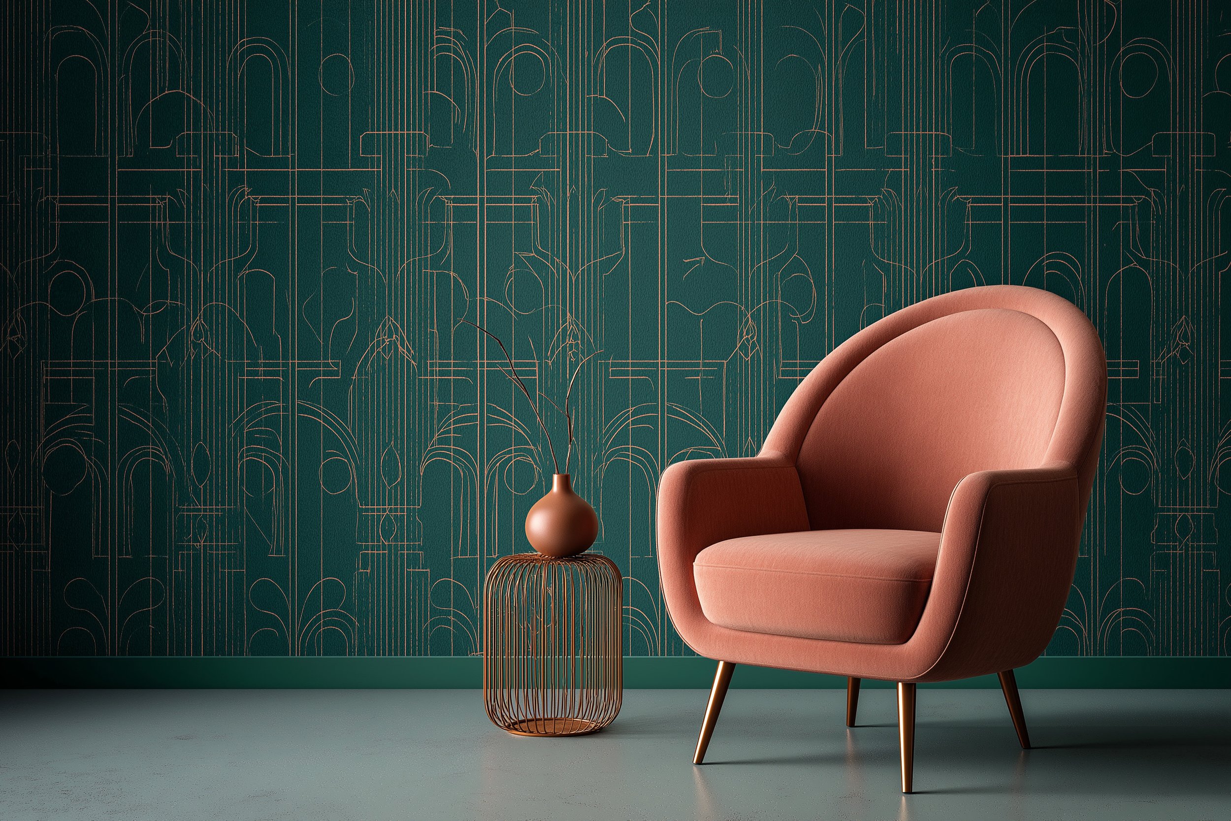 A pink upholstered armchair next to a small round side table with a metallic wireframe base and a clay vase with dried branches. Clients can book a discovery meeting with Jade Partners, a boutique advisory firm for exit planning and business growth.