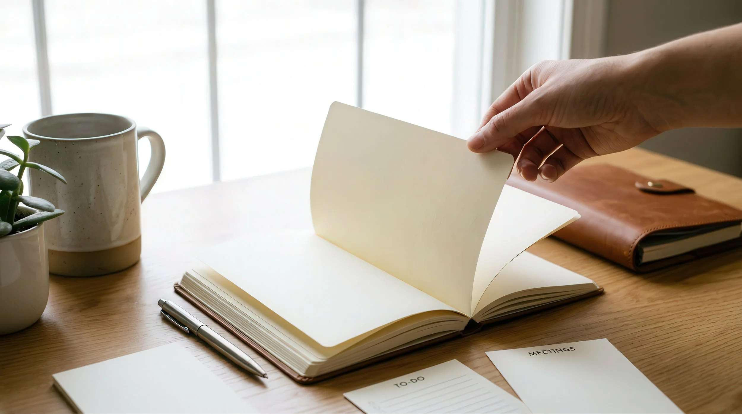A woman or non-binary person turning a page in an open notebook on a wooden desk with a pen, a coffee mug, and potted plants. This is a safe, empowering workplace for minority, LGBTQ+ and women business owners seeking growth or exit.