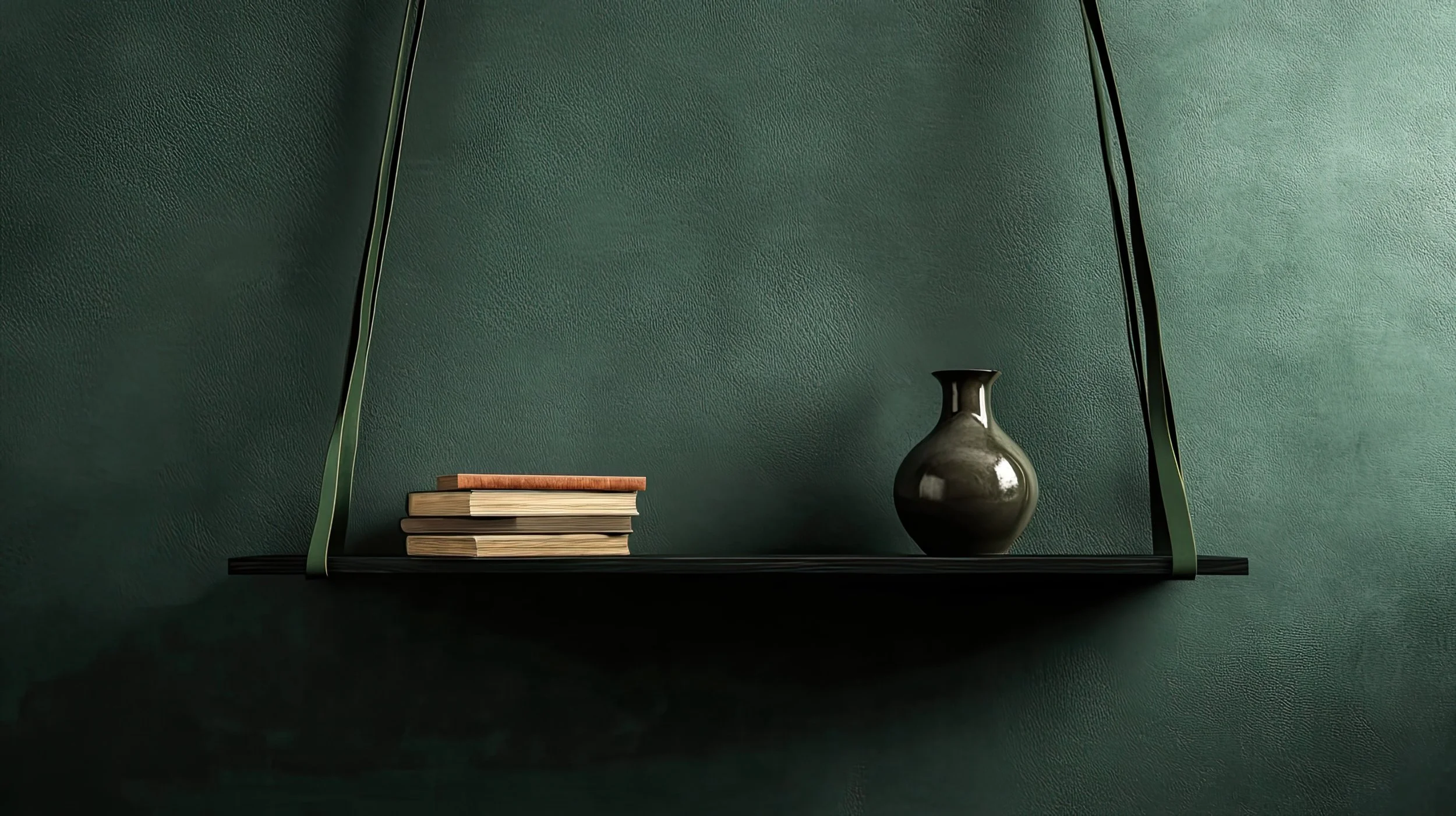 A black wall shelf with a green support against a dark green textured wall, holding books and a ceramic vase. This is a professional, premium business workplace for Jade Partners, a boutique advisory firm led by Certified Exit Planning Advisors.