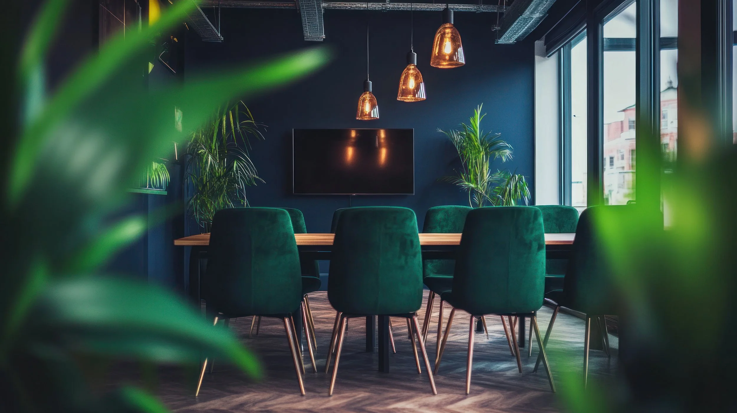 Modern conference room with dark walls, green chairs, a wooden table, large windows, green plants, and pendant lights hanging from the ceiling. This is collaborative, inclusive workplace for exit planning, business development, and women-led M&A.