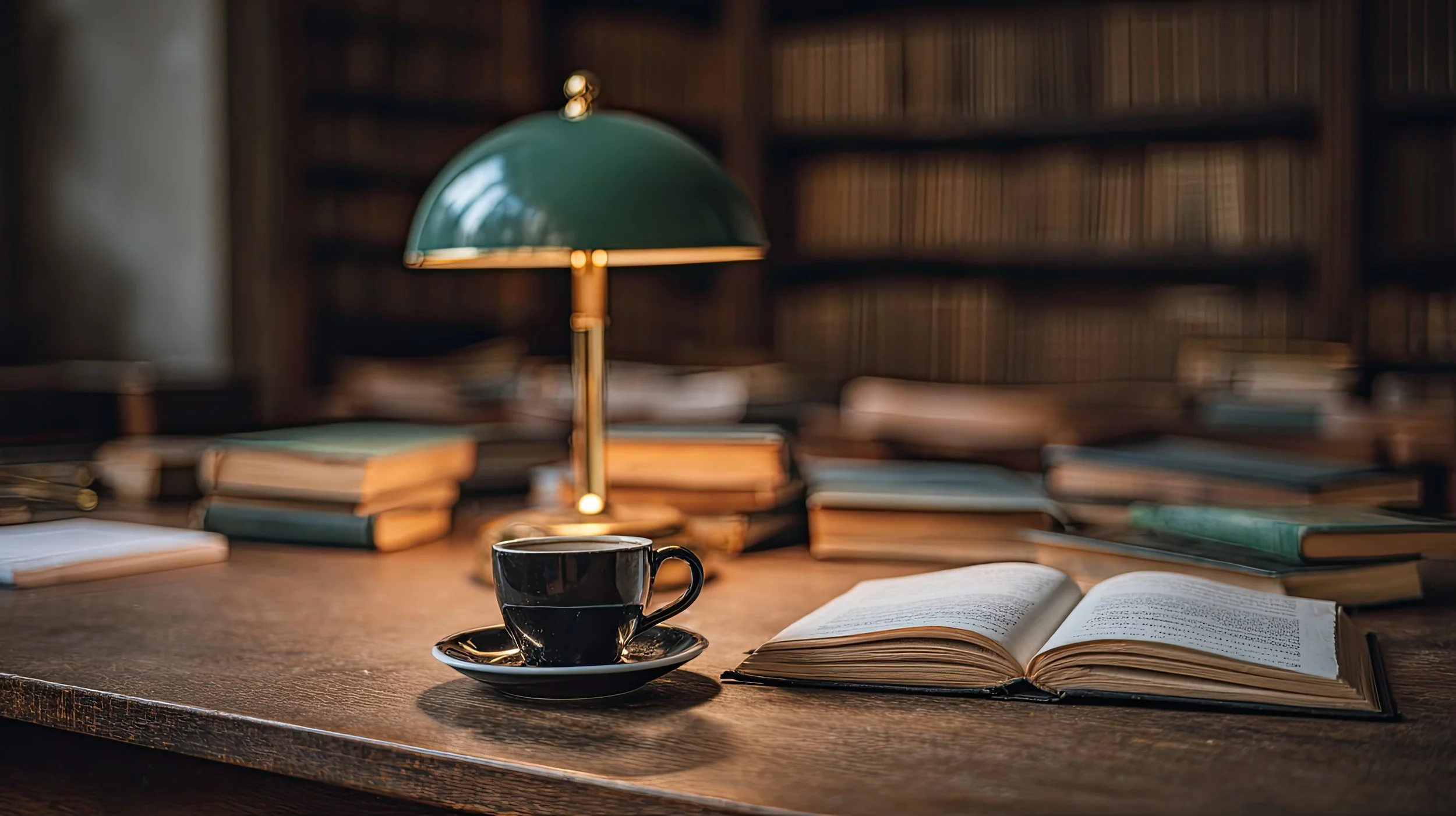 A wooden desk with an open book, a coffee cup, a green desk lamp, and bookshelves. This is an inclusive, values based consulting firm providing exit strategy, business development, and M&A advisory for purpose-driven companies.