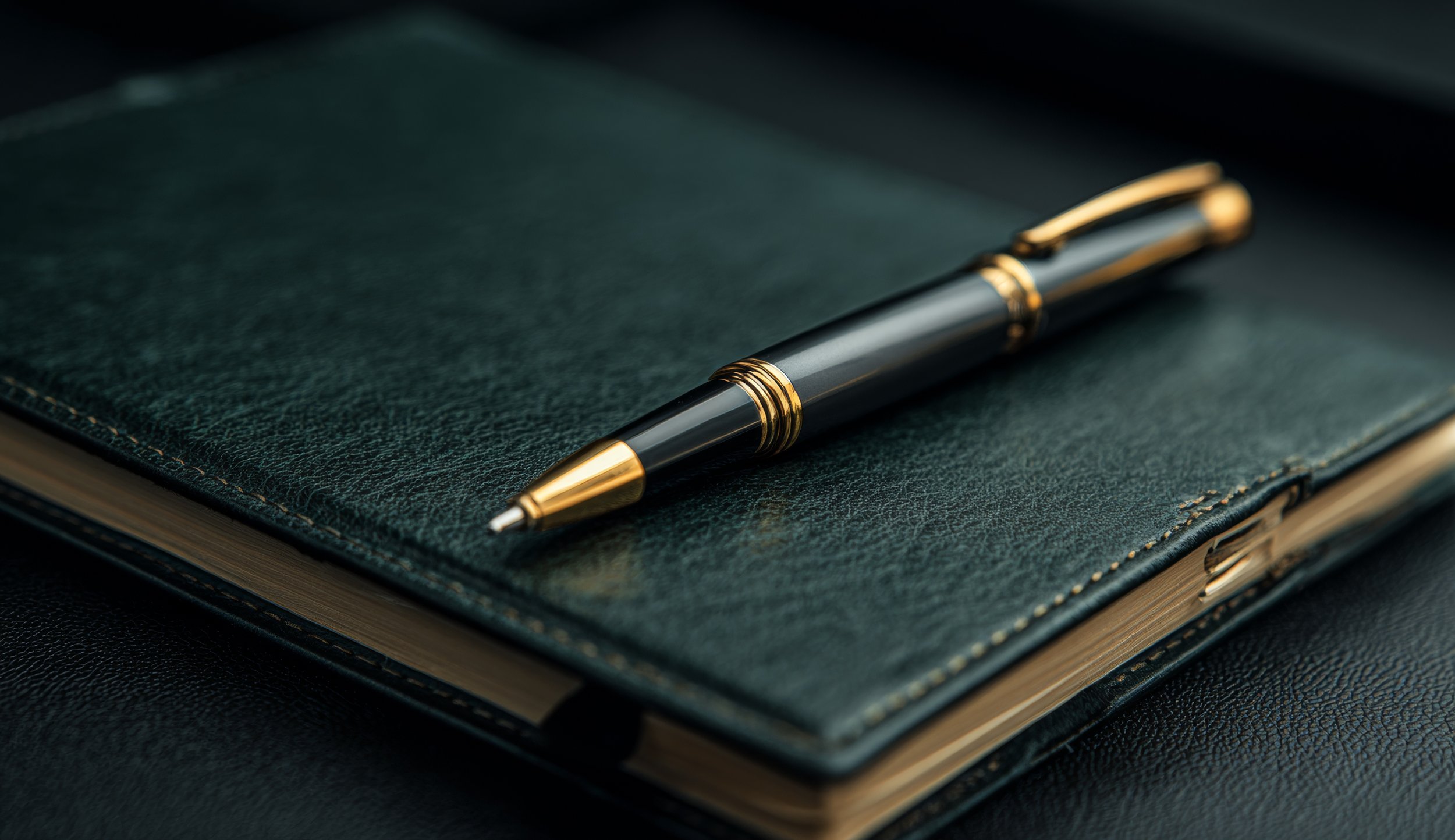 A black and gold pen resting on a green leather-bound notebook. Business owners can subscribe to Jade Partners newsletter to access news, events, and updates related to exit planning, business development, and M&A.