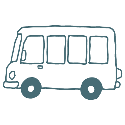 Outline of a small bus with four windows, two wheels, and a front headlight.