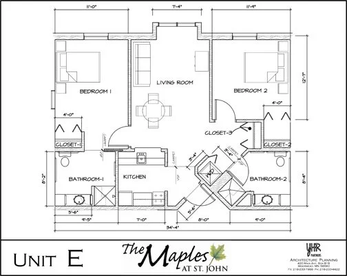 The Maples Unit E 2 Bed, 2 Bath floor plan