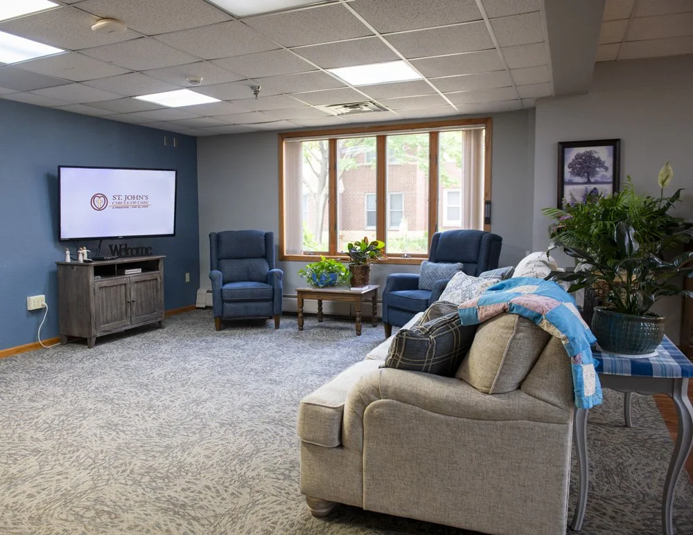 Comfortable living rooms provide a homelike setting for socializing with other residents and visitors