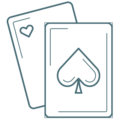 Two playing cards with heart symbols, one with a large heart and the other with a spade symbol, outlined in blue on a black background.