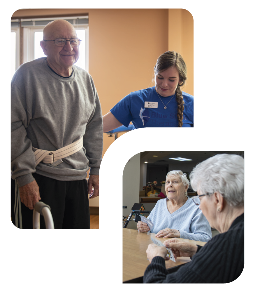 An short term rehab patient using a walker is standing with a physical/occupational therapist,. Residents sitting at a table, engaged in conversation or playing cards.