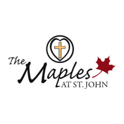Logo for The Maples at St. John featuring a cross inside a circle and a red maple leaf.