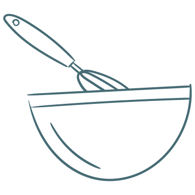 Line drawing of a salad bowl with a salad serving spoon and fork resting inside.