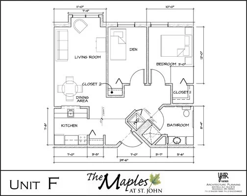 The Maples Unit F 1 Bedroom plus Den Floor Plan