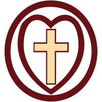 A beige Christian cross inside a heart shape with a red outline, on a dark red background.