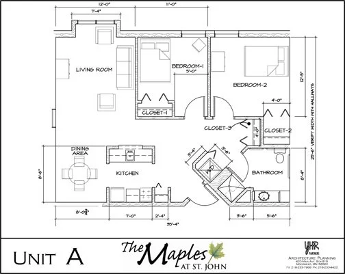 The Maples Unit A 2 Bedroom, 1 Bathroom floor plan
