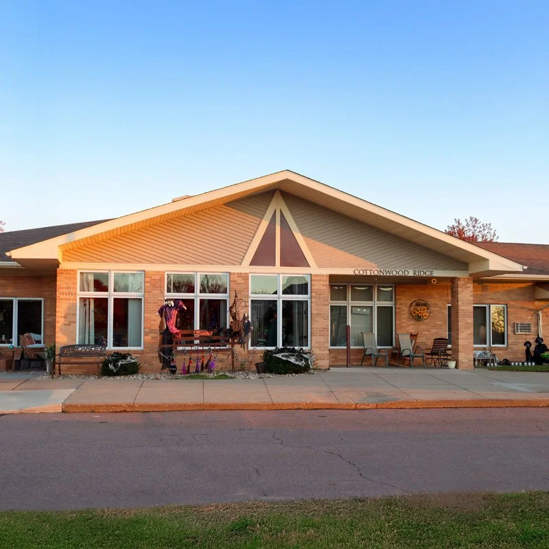 Exterior of Cottonwood Ridge senior housing at St. John's Circle of Care front entrance, southwestern Minnesota