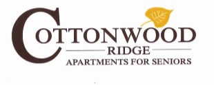 Cottonwood Ridge Apartments for Seniors logo with stylized text and a yellow leaf graphic