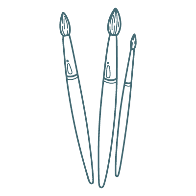 Outline drawing of three paintbrushes of different sizes.
