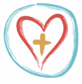 Grandkids Daycare logo - heart with a cross inside, outlined in red, blue, and gold colors.