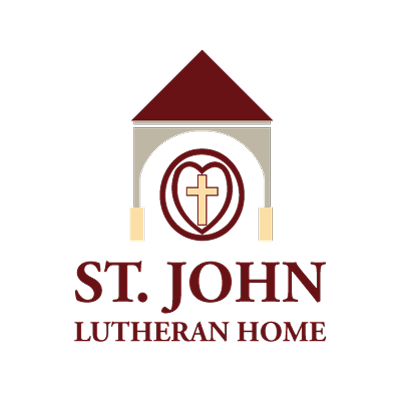 Logo of St. John Lutheran Home featuring a church with a cross inside a circular design and text below that reads 'St. John Lutheran Home'.