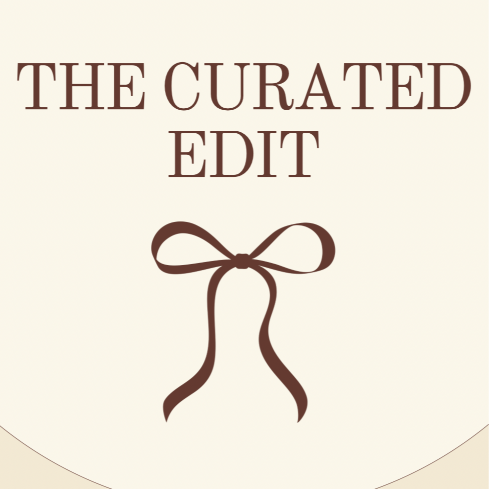 A beige design with the text 'The Curated Edit' in large brown letters, featuring a brown bow illustration below the text.