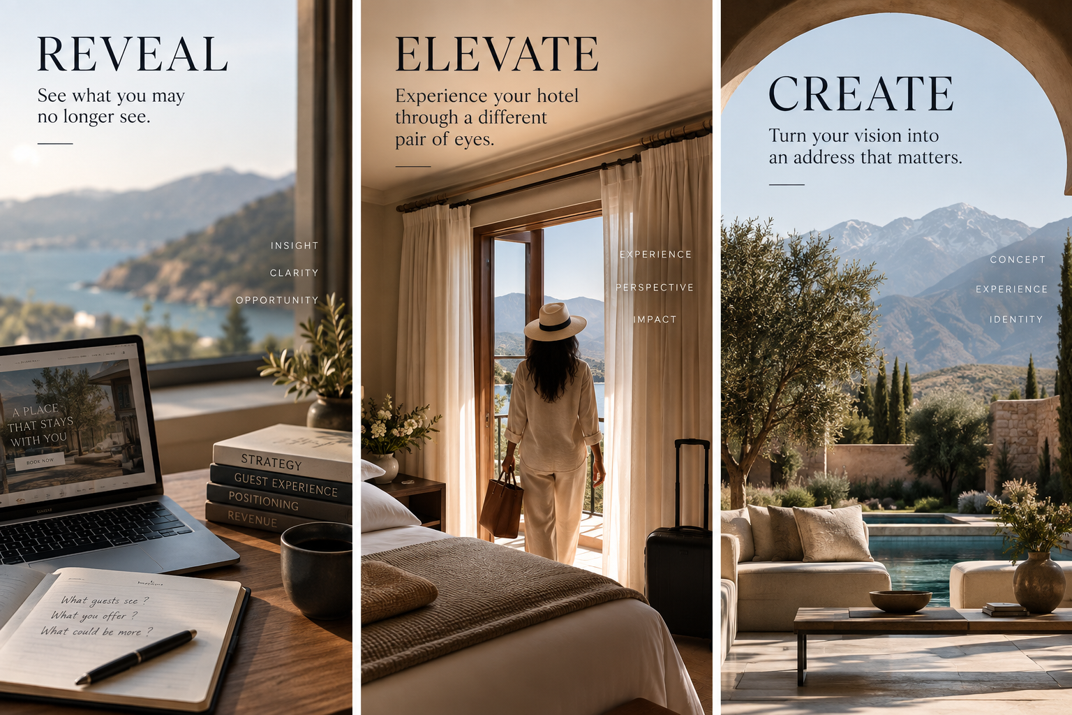 A triptych of images promoting an experience-focused hotel. The first image shows a workspace with a laptop, books, a notebook, and a coffee cup near a large window overlooking a scenic body of water and mountains. The second image features a woman in light-colored pajamas and a hat, standing by open curtains in a hotel room, looking out at a mountain view with a suitcase nearby. The third image displays an outdoor patio with lounge seating, a table with a bowl and books, a swimming pool, and mountain scenery in the background.