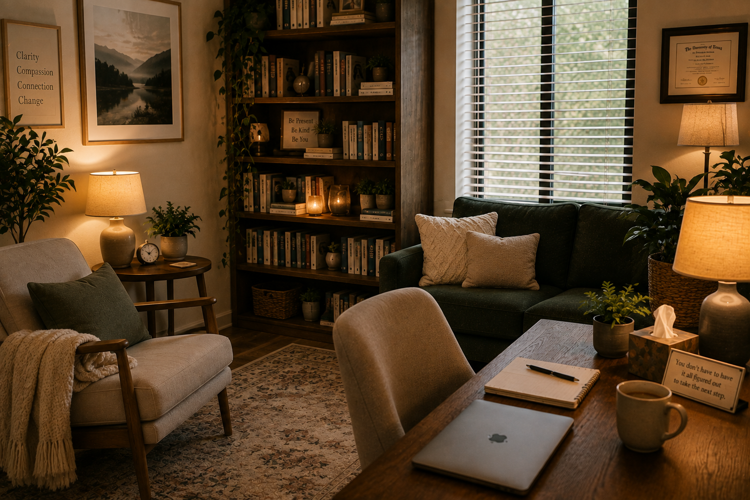 Cozy living room with a beige armchair with a green pillow, a wooden side table with a lamp, clock, and plant, a dark green sofa with pillows, a wooden bookshelf with books and candles, a window with blinds, and a wooden dining table with a notebook, laptop, mug, and potted plant.