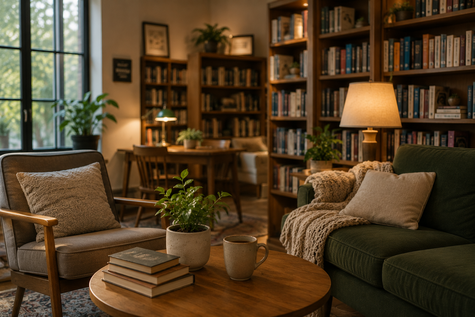 Cozy living room with bookshelf, armchair, green sofa, coffee table with books, plant, and warm lighting.