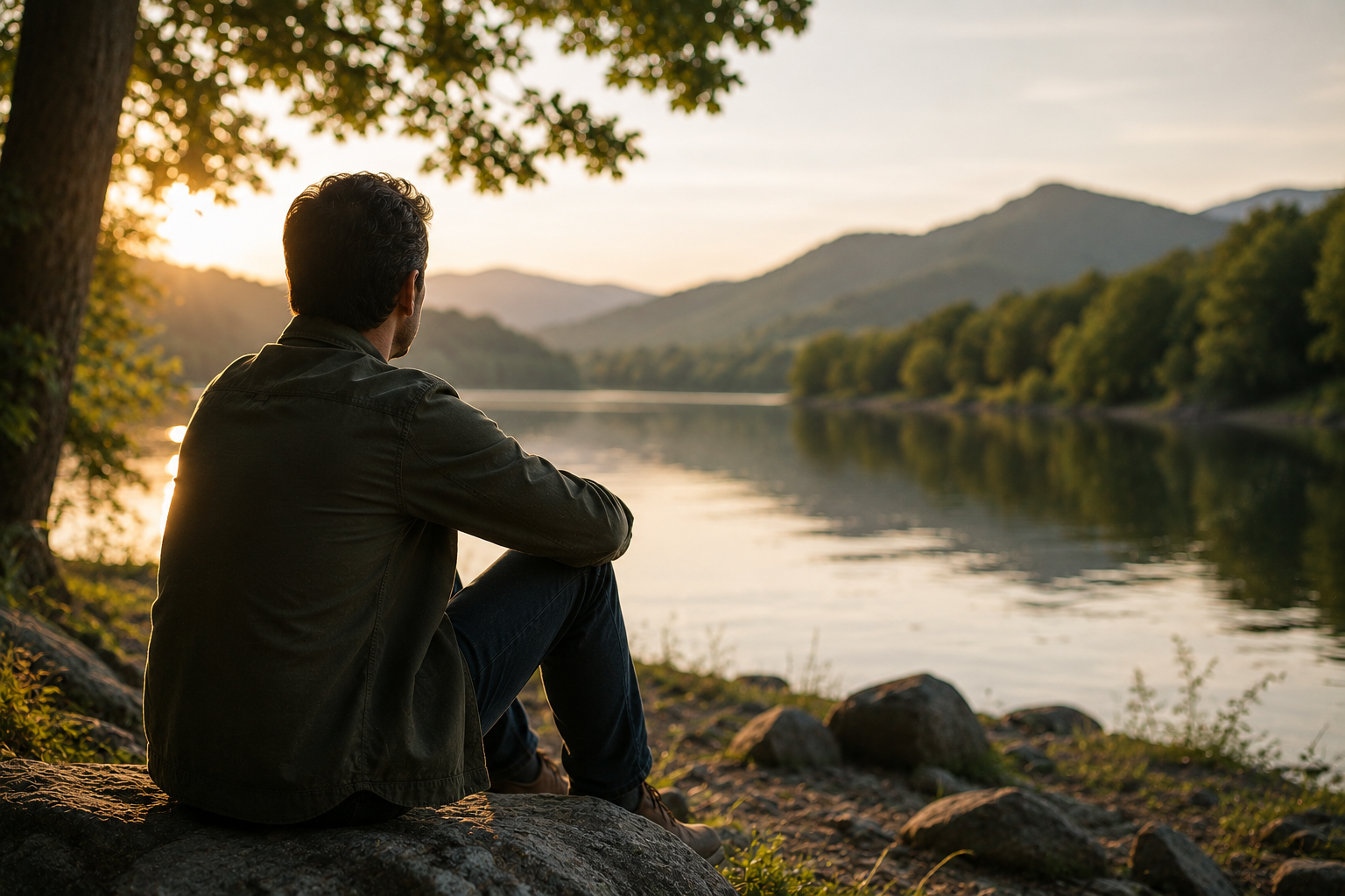 A man sits on rocks by a calm river, watching the sunset with mountains and trees in the background.