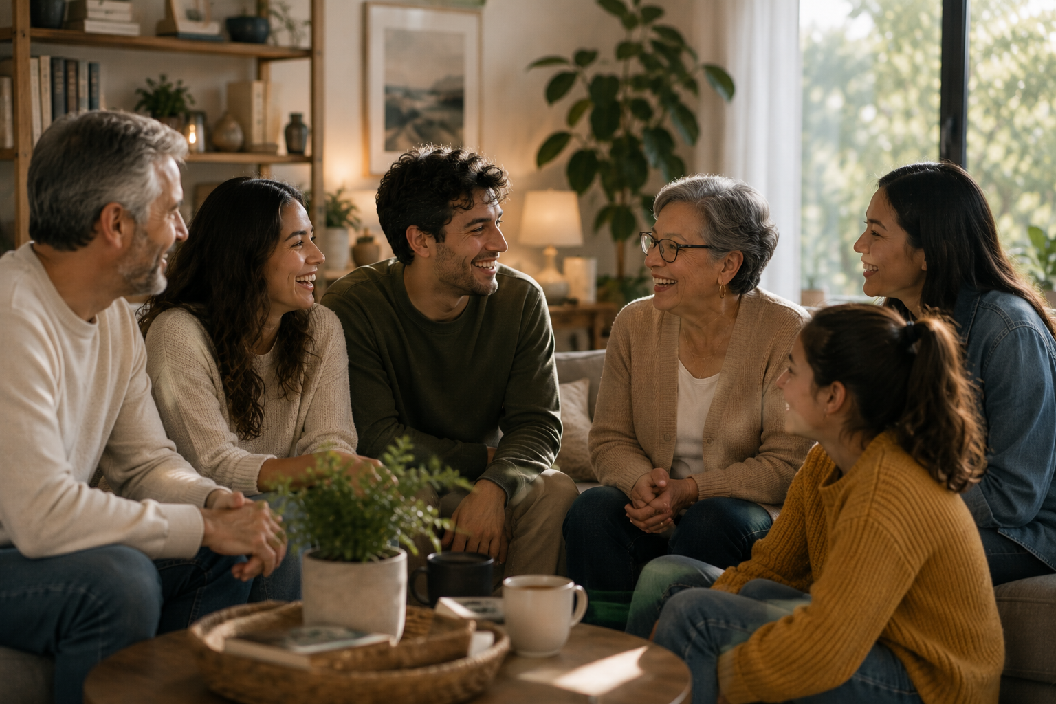 Group of seven people sitting on a couch and smiling at each other during a conversation in a living room.