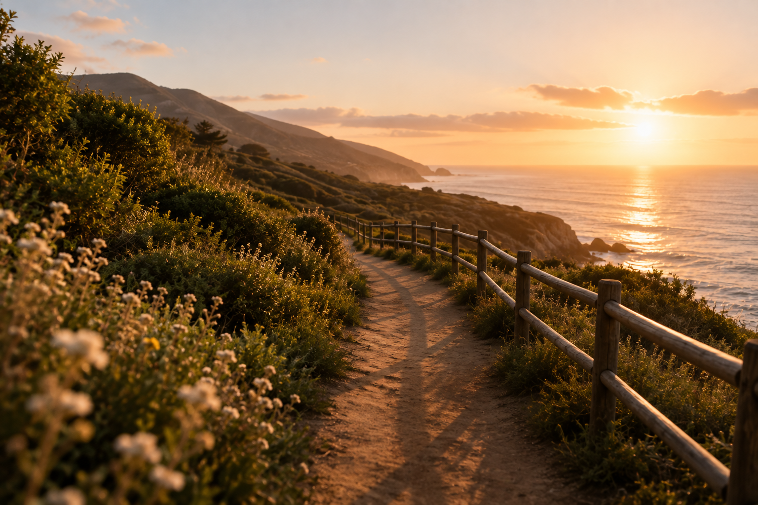A dirt path along the coast with a wooden fence, overlooking the ocean during sunset, surrounded by green shrubs and white flowers.