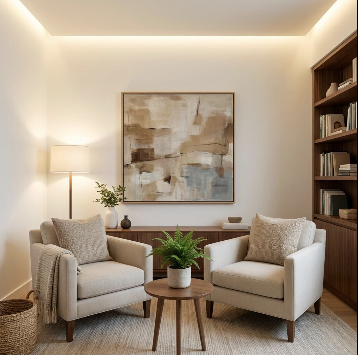 Cozy living room with two beige armchairs, a wooden coffee table with a potted fern, a lamp, and a bookshelf, with abstract art on the wall.
