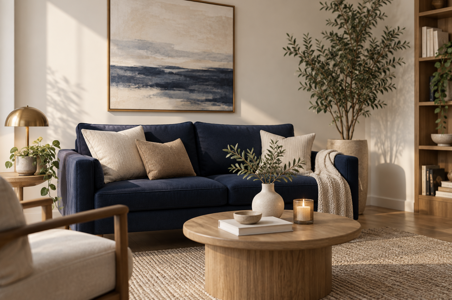 Living room with navy blue sofa, beige and textured pillows, round wooden coffee table with decorative bowls and books, potted plants, framed abstract artwork on cream wall, standing lamp with gold shade, bookshelf with plants and books, beige carpet, warm natural lighting.
