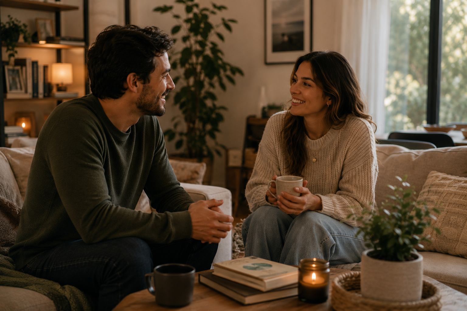 A man and woman sitting on a beige sofa, smiling and looking at each other in a cozy living room. The woman holds a mug and the man has his hands clasped. There are books, a candle, and a potted plant on a wooden table in front of them, with a background of bookshelves and large window with curtains.