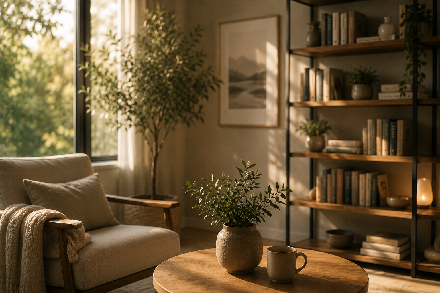 Cozy living room with sunlight streaming through a window, wooden shelves filled with books and plants, a beige sofa with cushions and a blanket, a round wooden coffee table with a potted plant and a mug, and artwork hanging on the wall.
