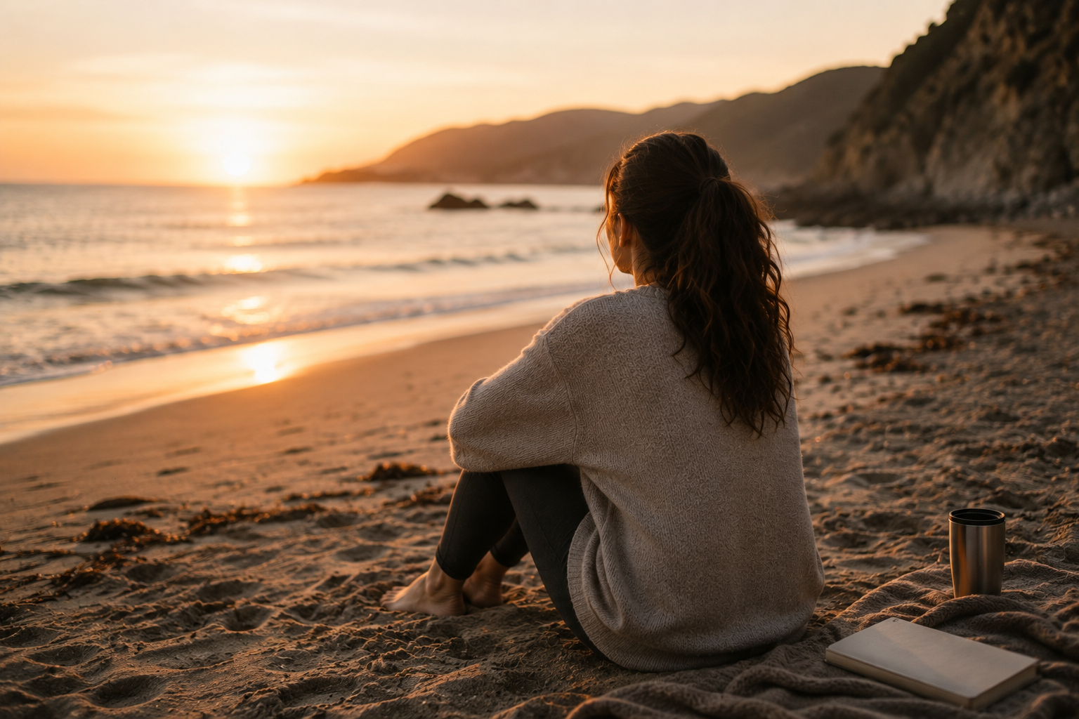 A woman sitting on a sandy beach at sunset, looking at the ocean with mountains in the background. There is a notebook and a travel mug beside her.