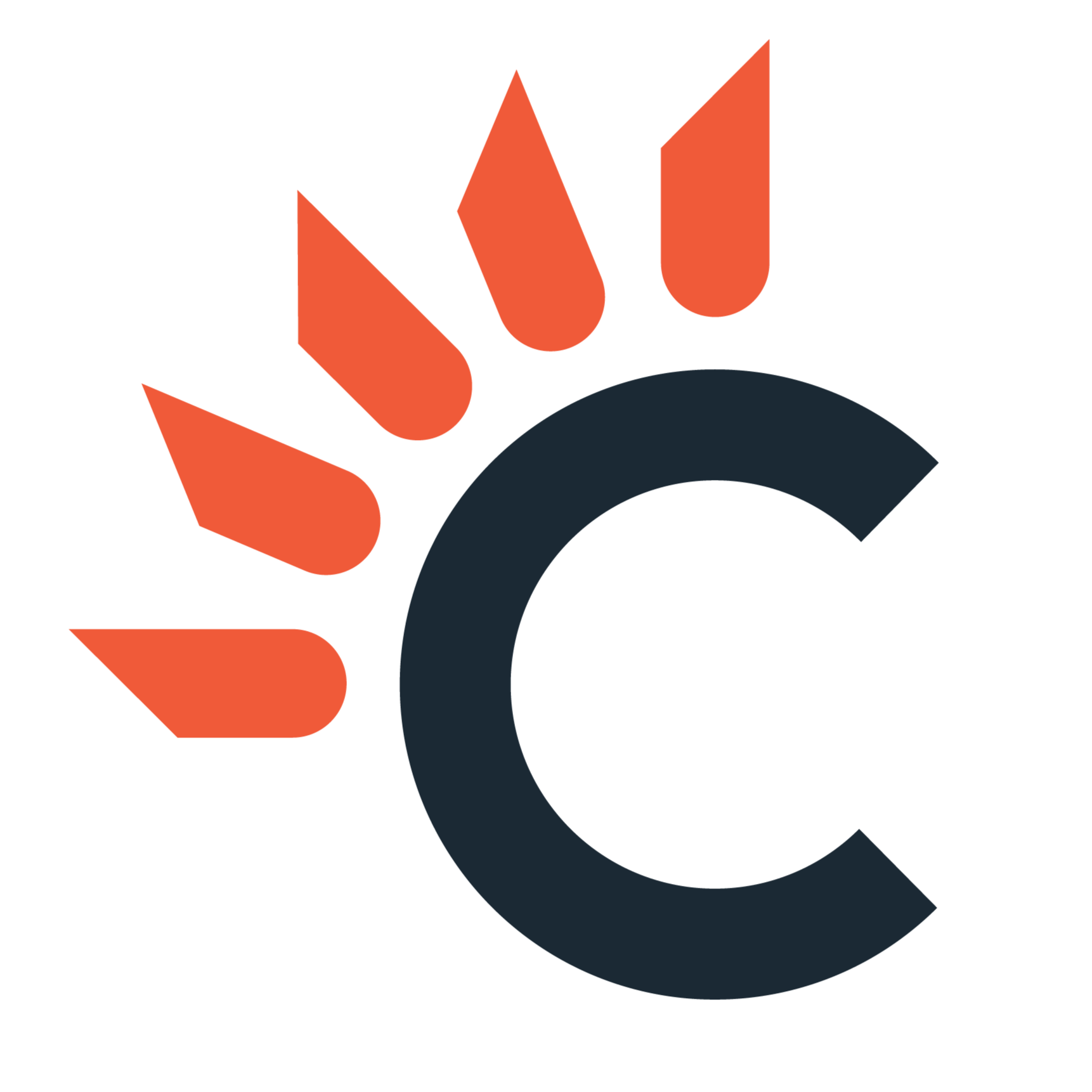 Partial view of a logo with a black letter 'C' and orange rays resembling a stylized sun.