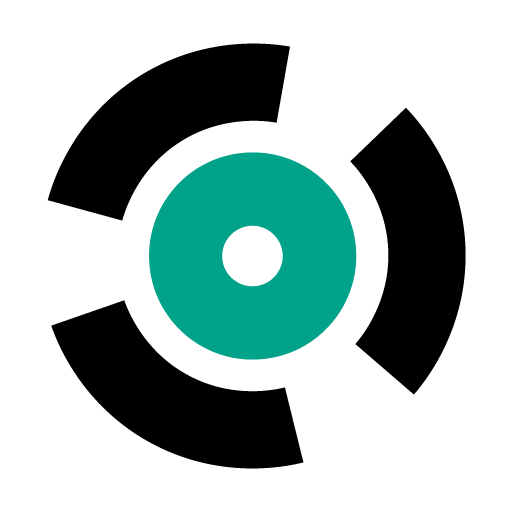 A logo featuring a green circle with a smaller white circle inside, surrounded by three black curved shapes on a white background.