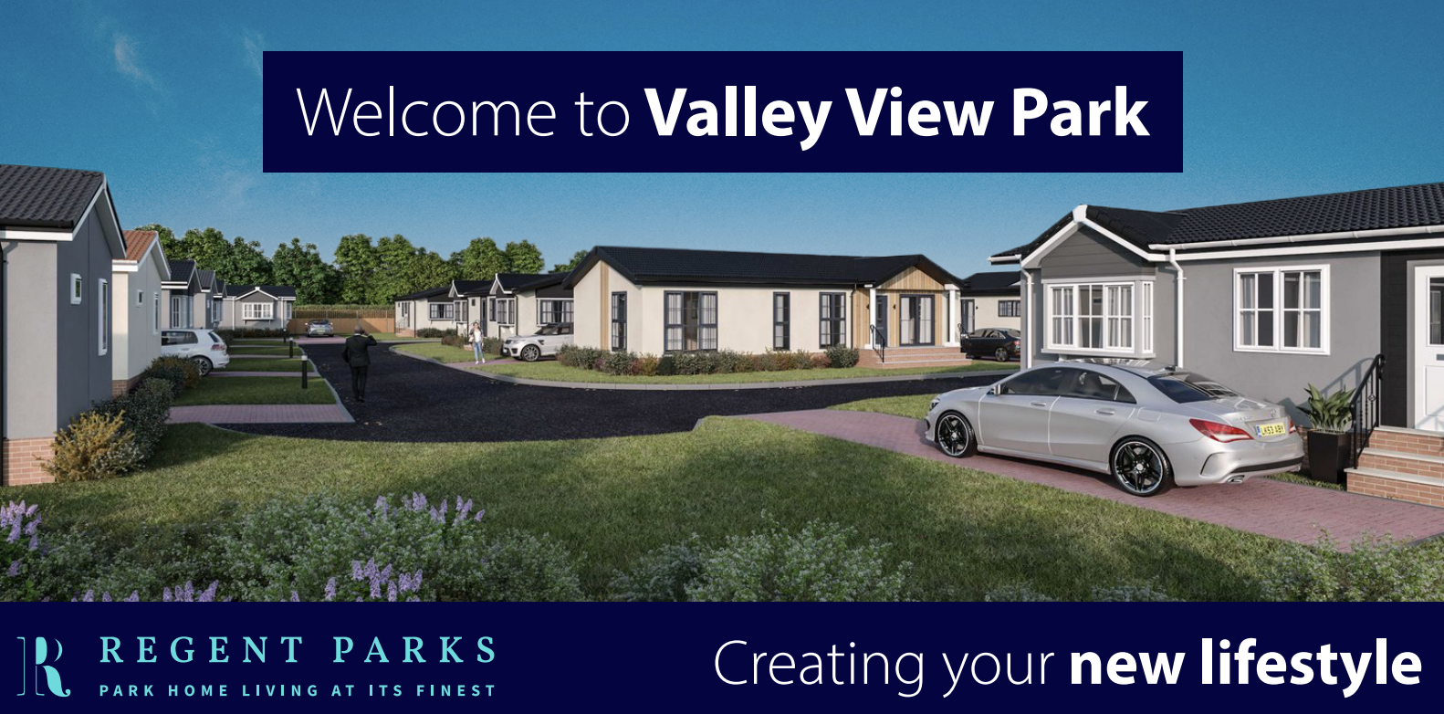 Digital rendering of a residential community with modern houses, cars parked outside, and people walking, under a blue sky, with text welcoming to Valley View Park and promoting new lifestyle by Regent Parks, based in Cheshire.