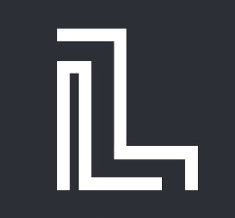 A black background with a white geometric logo resembling interlocking L shapes.
