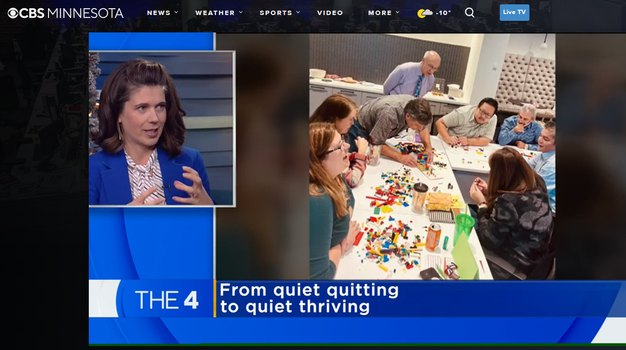 News broadcast showing a woman being interviewed on the left and a group of people building with LEGO bricks at a table on the right. The text reads 'THE 4 From quiet quitting to quiet thriving'.