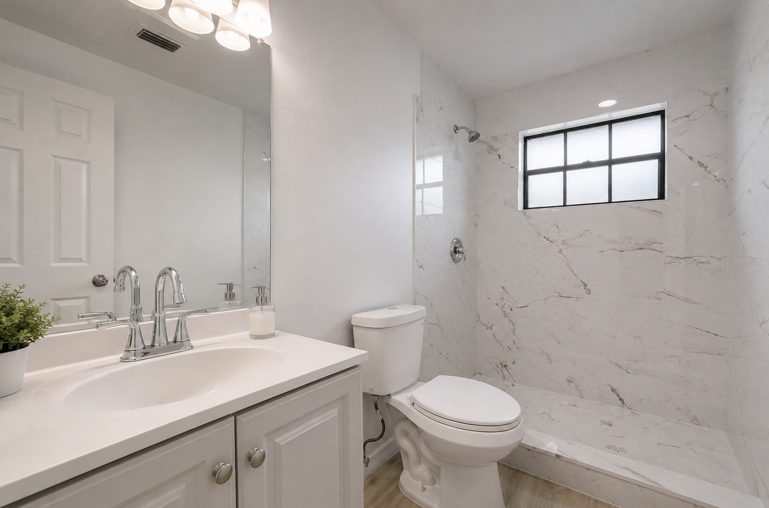 Modern bathroom at the Fountainhead House by Cody’s Place Recovery in Melbourne, Florida