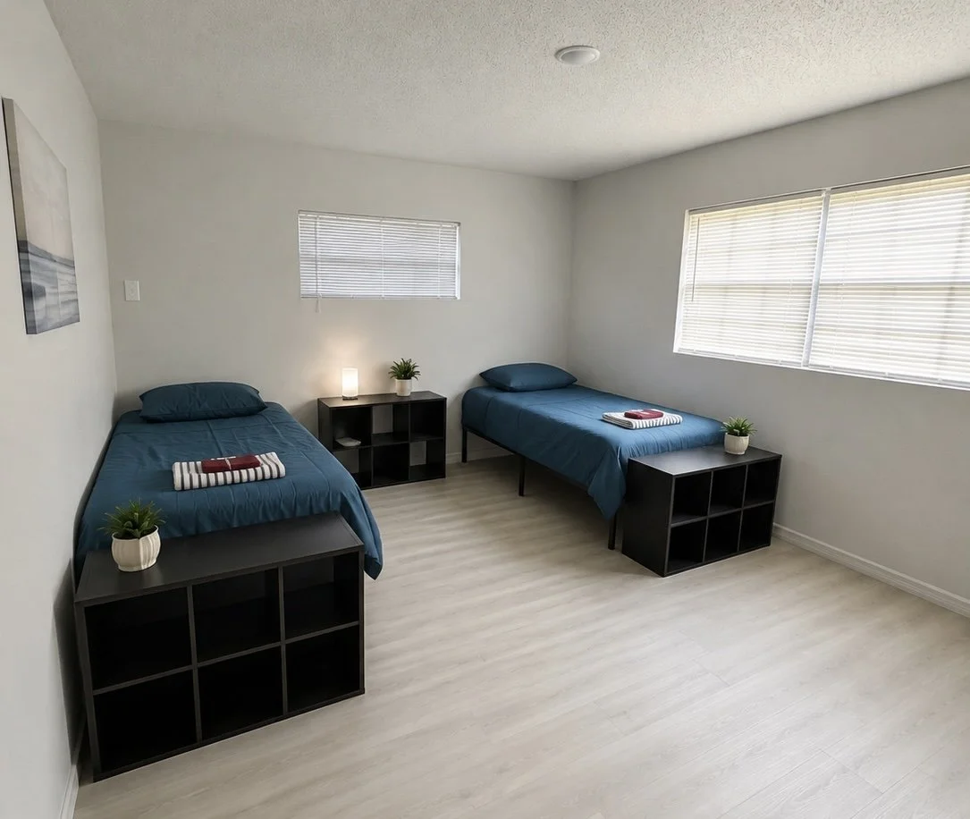 Shared furnished bedroom at the Fountainhead House sober living residence in Melbourne, Florida