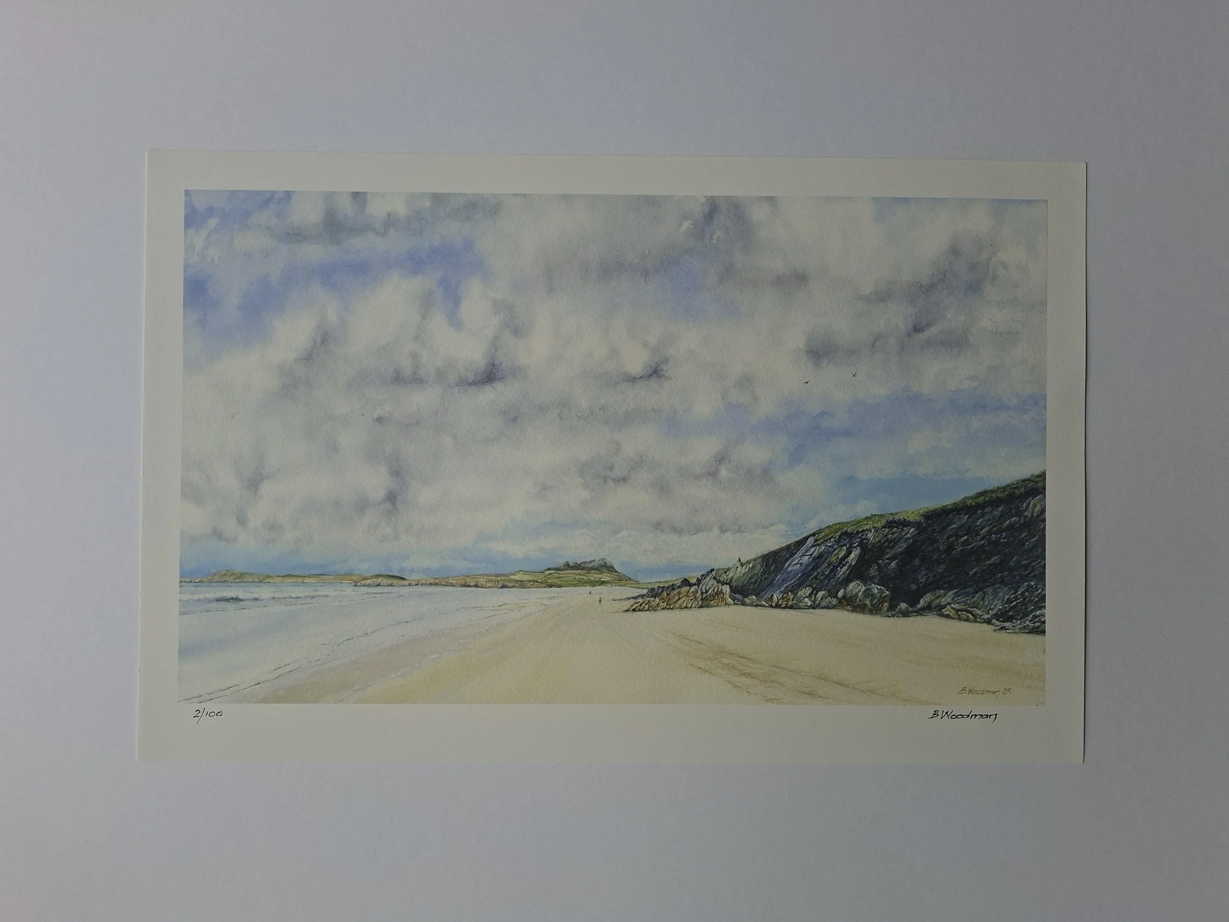 Print -Distant Carn Llidi from Whitesands Beach at Low Tide